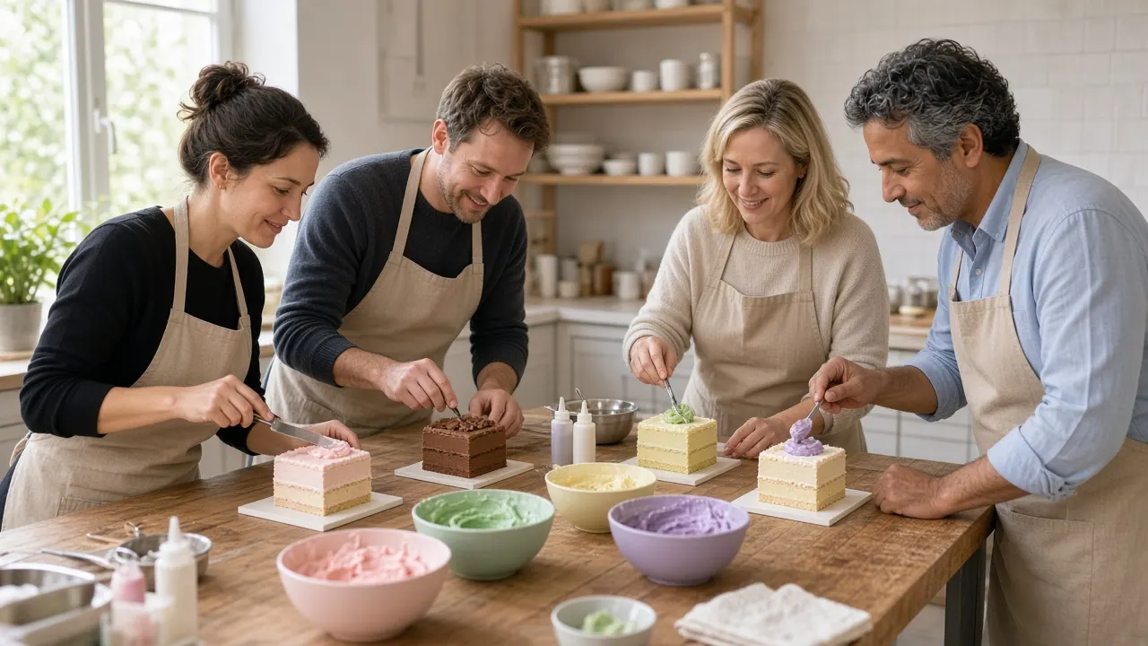 Collega's in duo's werken aan mini cakes in een lichte bakworkshop in Amsterdam
