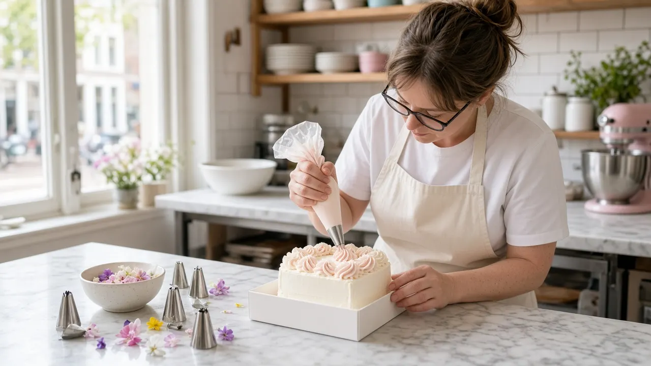 Vier personen zouden deze kleine bento cake in het Amsterdamse atelier delen