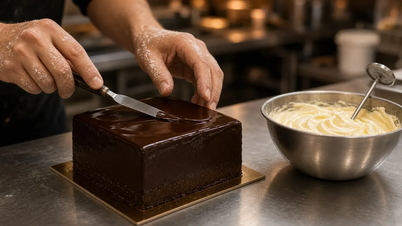 Thermometer naast een kom ganache en botercrème op de werkbank in Amsterdam