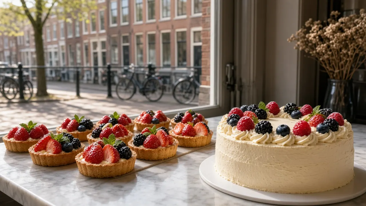 Herfstig fruitgebak bij het raam van het atelier aan de straat in De Pijp