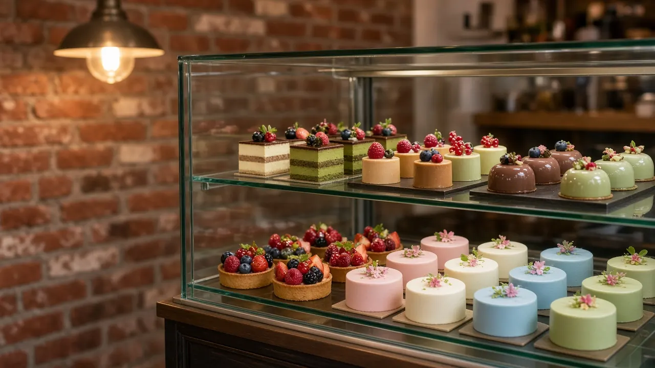Pastel bento cakes en trendy gebak in de vitrine van het atelier in De Pijp